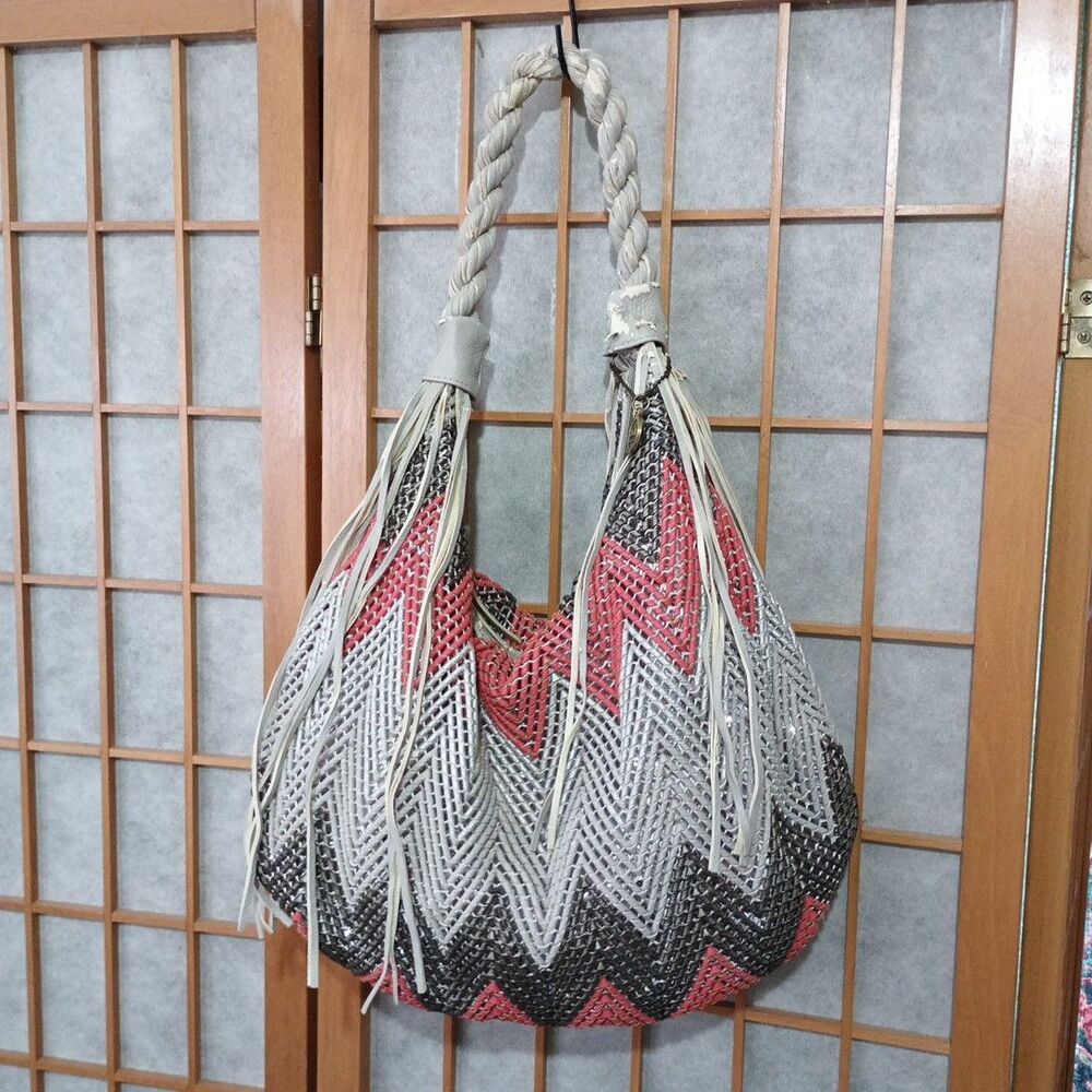 Big Buddha Woven Fringe Hobo Shoulder Bag Chevron Pink Gray Large Purse